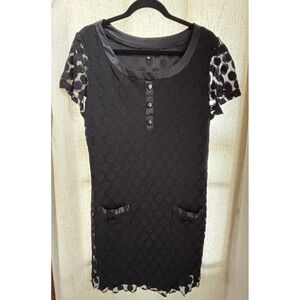 En Focus Women Black Polka Dot Lace Sleeve Shift Dress 18W 93761 Pocket Scallop‎